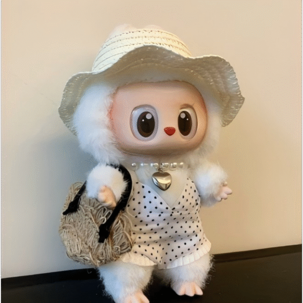 White Dot Beach Set (4pcs: Swimsuit + Straw Hat + Necklace + Bag)