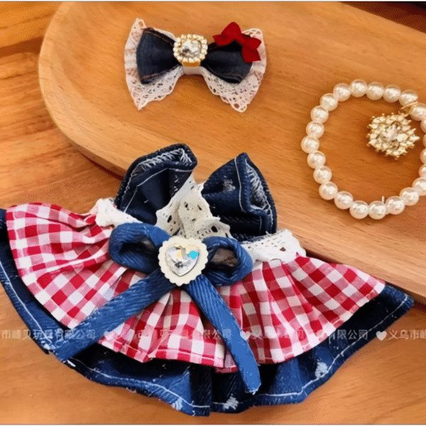 Red And White Plaid Denim Princess Dress Set (Bow + Dress + Necklace)