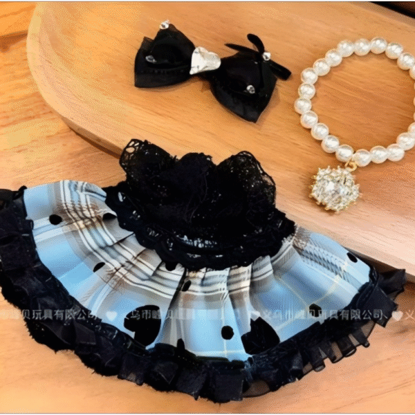 Blue And Black Plaid Princess Dress Set (Bow + Dress + Necklace)