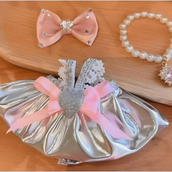 Bright Silver And Pink Princess Dress Set (Bow + Dress + Necklace)