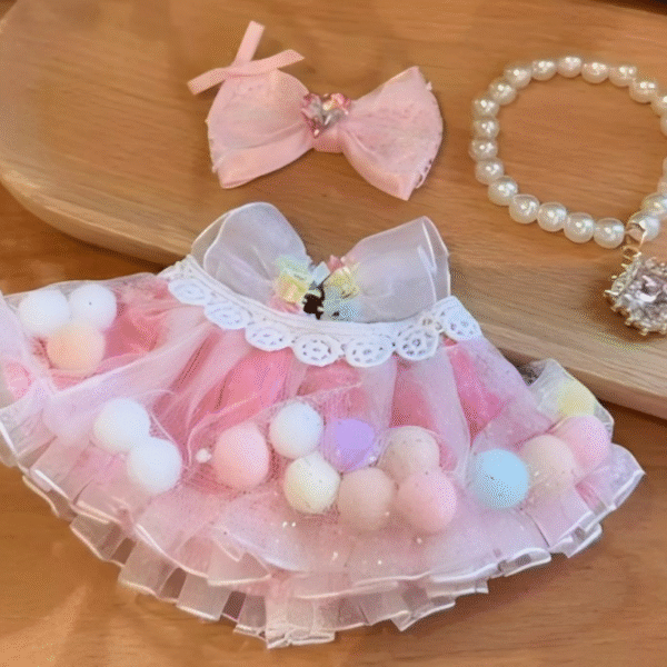 Pink Rainbow Ball Princess Dress Set (Bow + Dress + Necklace)