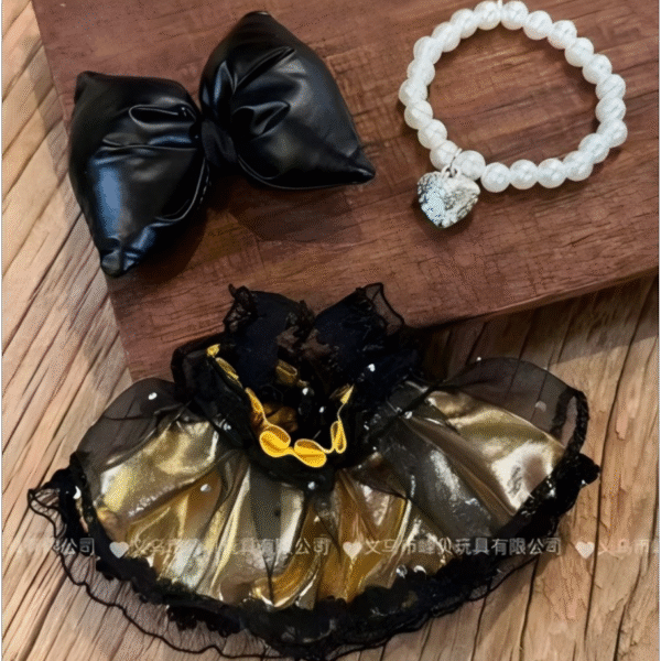 Black And Gold Hot Stamping Princess Dress Set (Bow + Dress + Necklace)