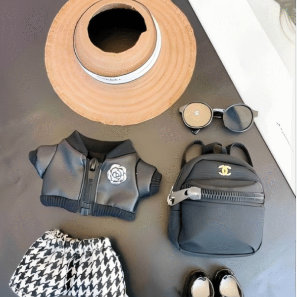 Leather Jacket + Pants + Small C Straw Hat + Glasses + Backpack + Shoes